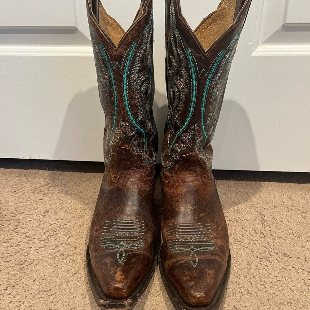 Brown Leather Cowboy Boots with Turquoise Stitching